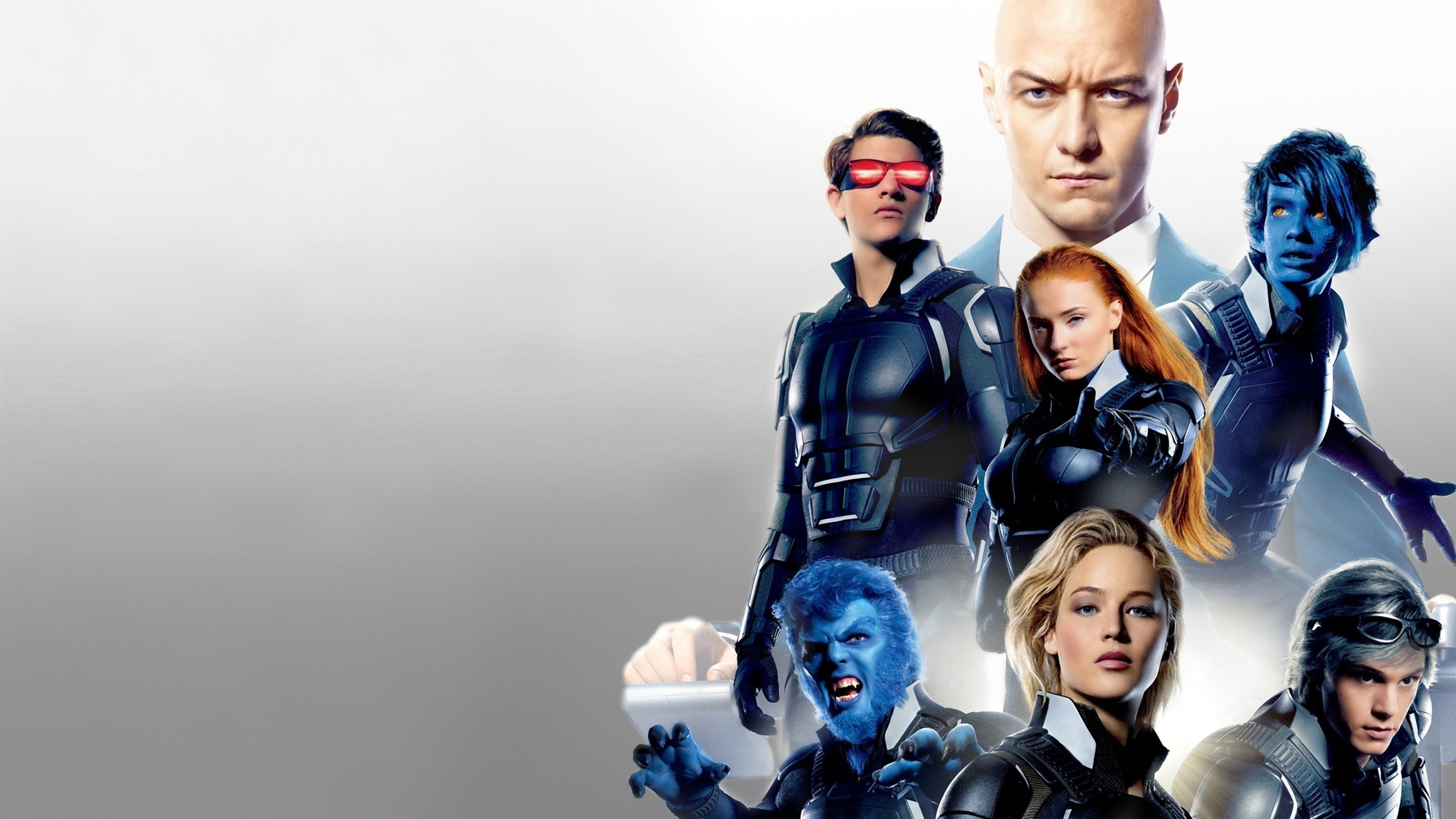 Arte promocional de 'X-Men: Apocalipsis' (2016) con James McAvoy, Sophie Turner, Tye Sheridan, Nightcrawler, Bestia, Mystique y Quicksilver en formación sobre fondo claro