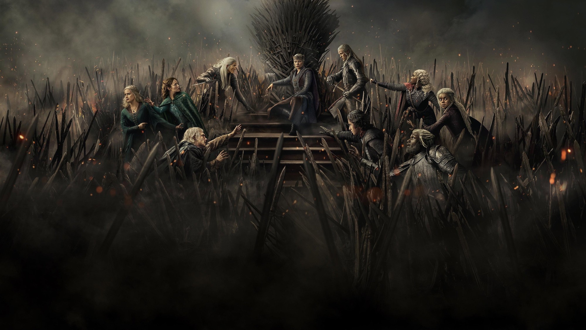 Arte promocional de House of the Dragon: los personajes de la casa Targaryen rodean el Trono de Hierro en un campo de espadas clavadas entre la niebla