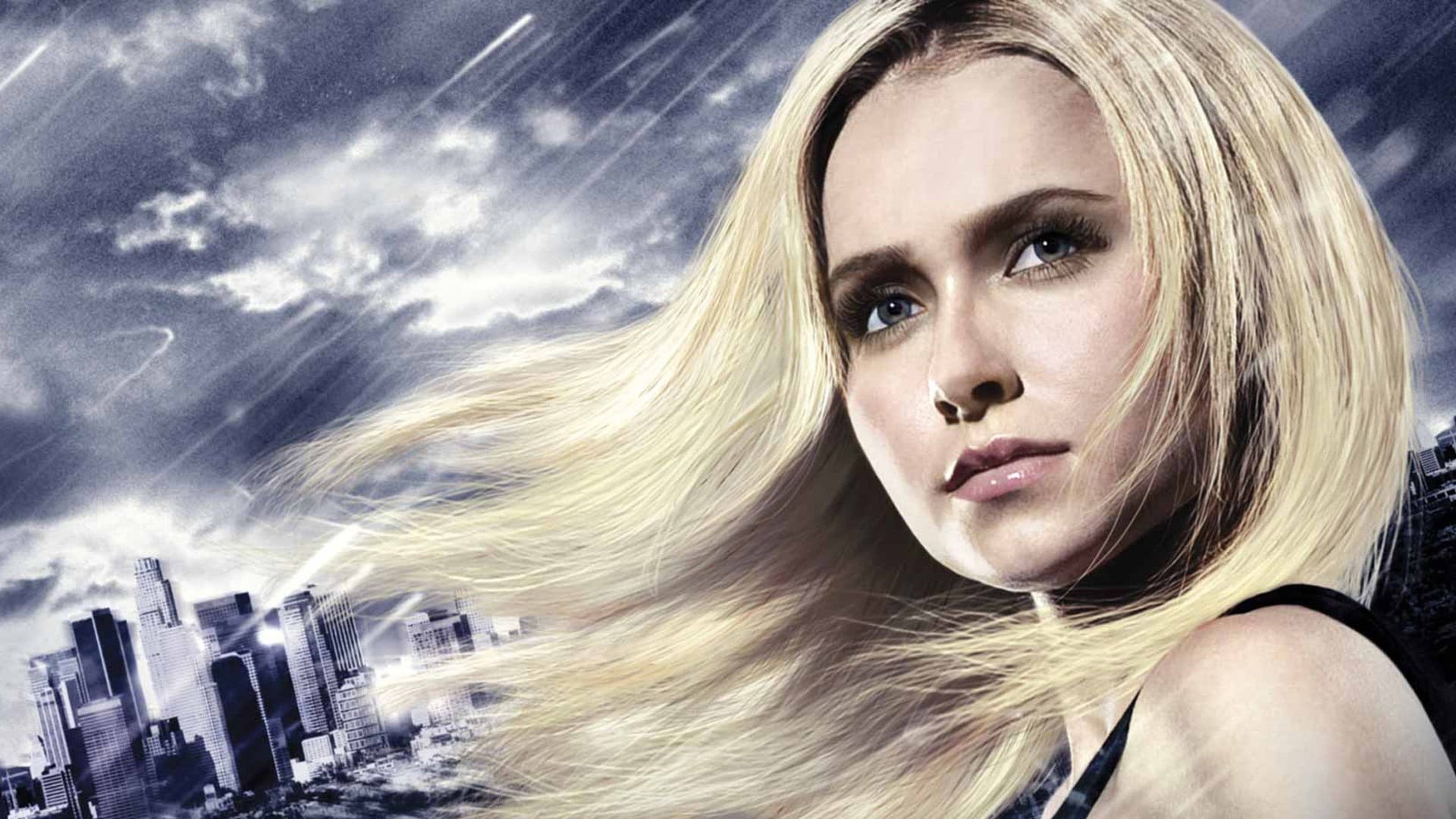 Hayden Panettiere caracterizada como Claire Bennet, con el cabello rubio al viento y una ciudad bajo un cielo tormentoso al fondo