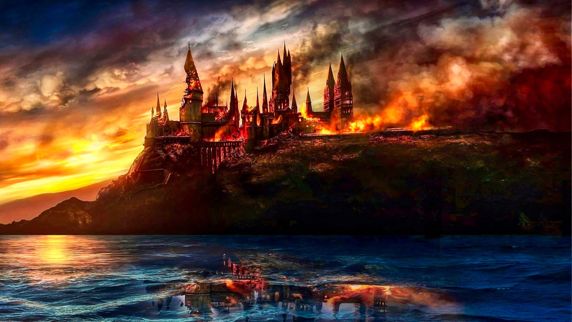 El castillo de Hogwarts en llamas al atardecer, reflejado sobre el lago