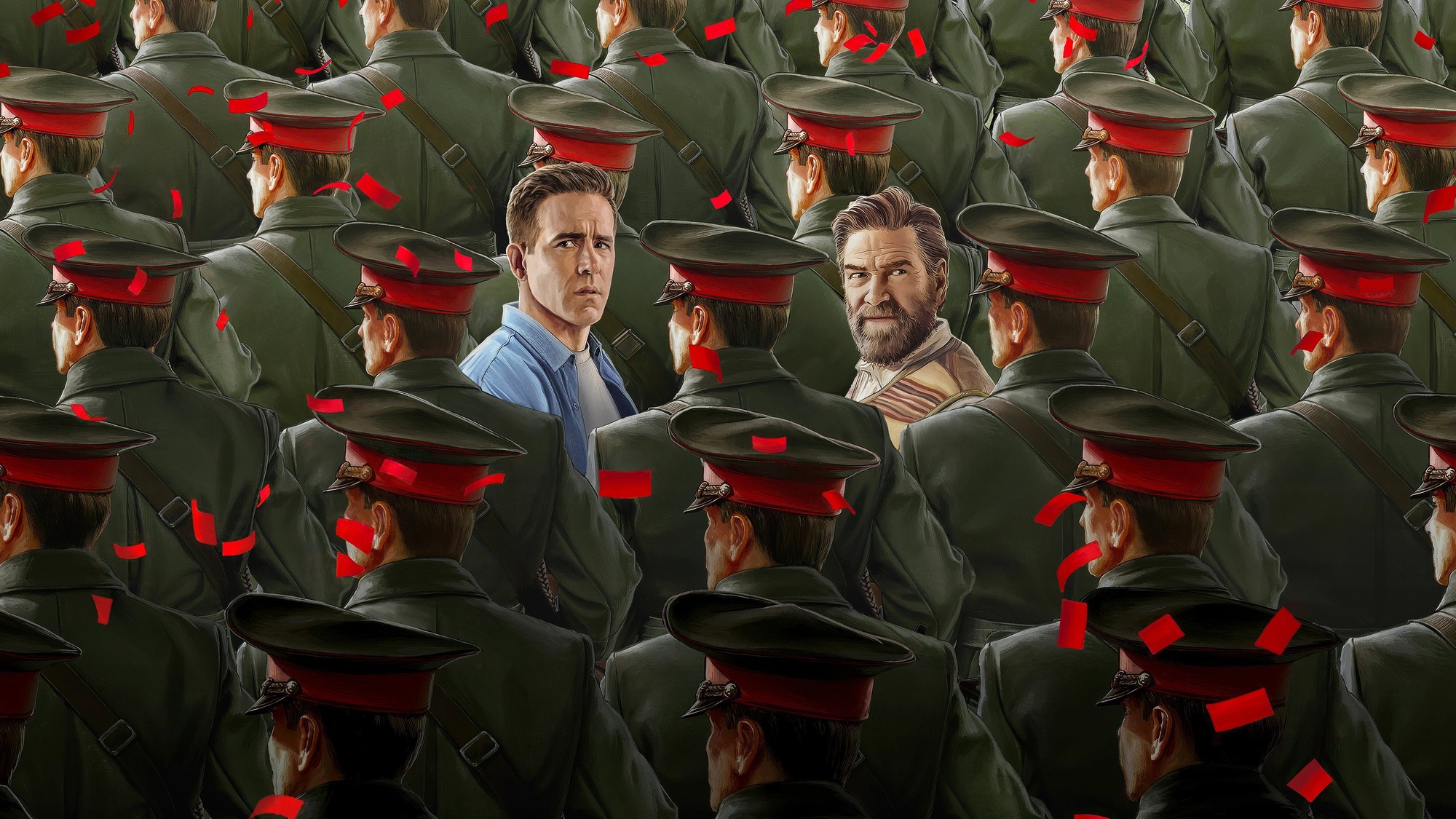 Arte promocional ilustrado de Mayday: los rostros de Reynolds y Branagh emergen entre una multitud de soldados soviéticos con gorras de plato
