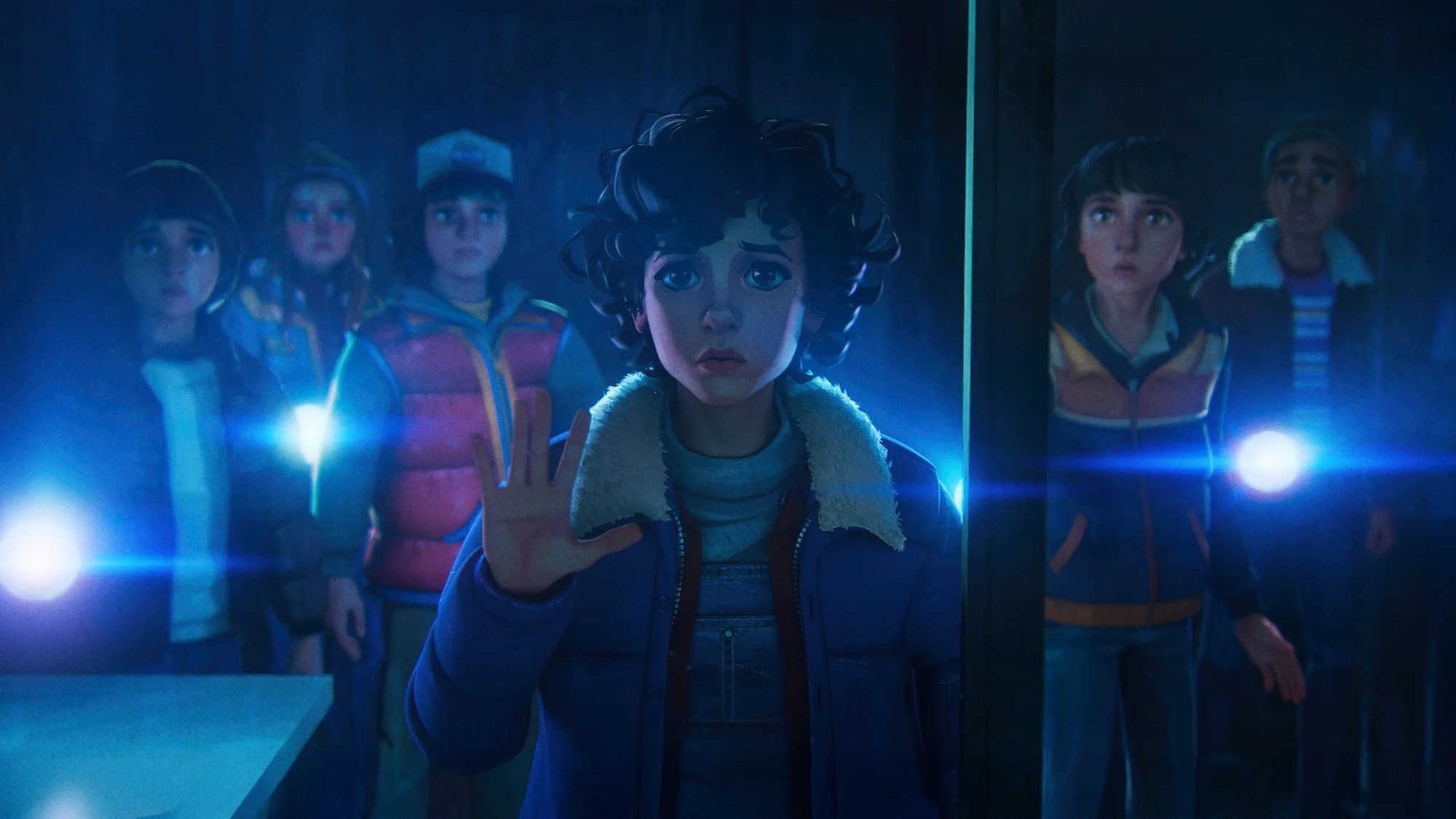 Eleven con la mano extendida usando sus poderes mientras el resto del grupo de Hawkins la observa detrás, entre luces brillantes y penumbra azul