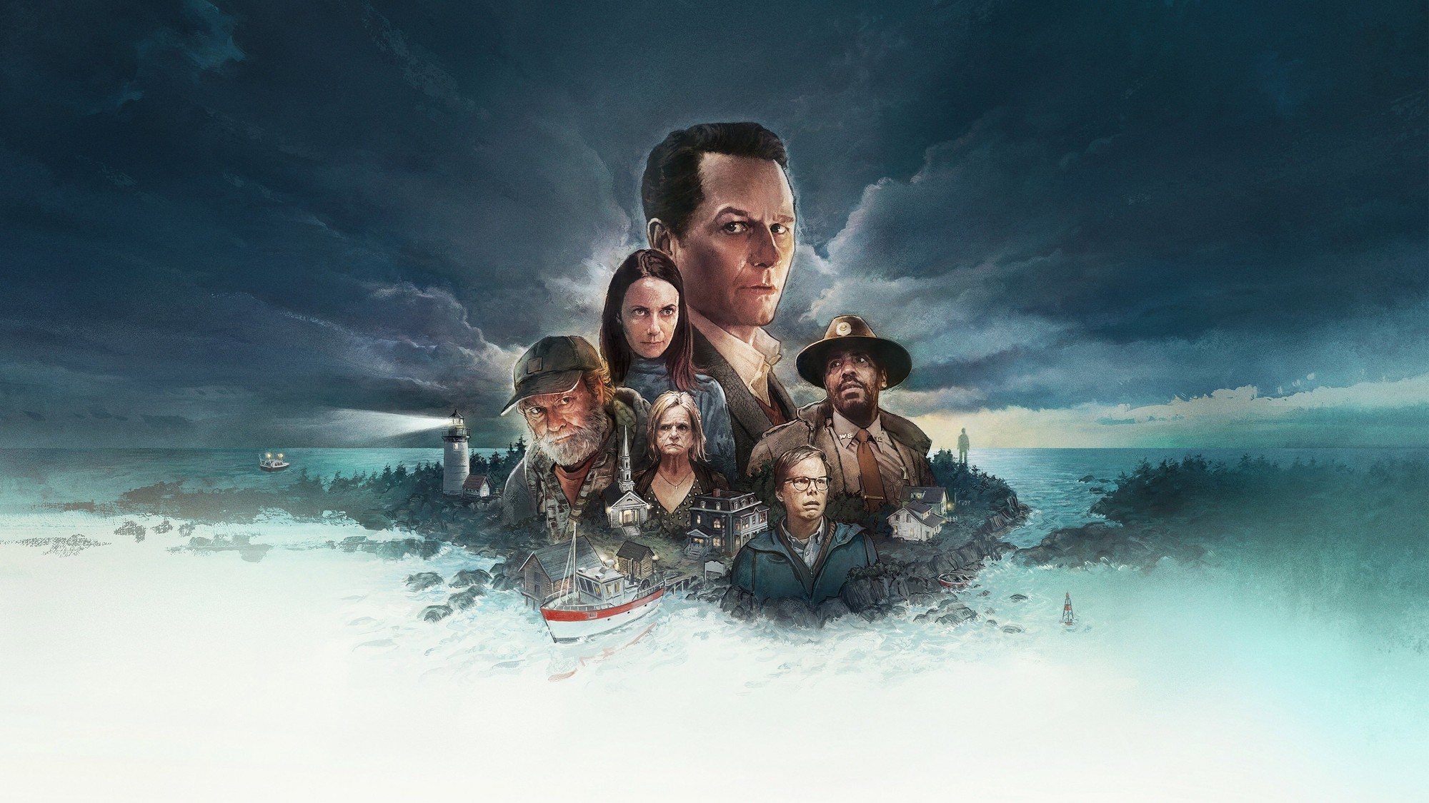Ilustración del elenco de Widow's Bay reunido sobre una isla envuelta en niebla, con un faro y un barco pesquero al frente