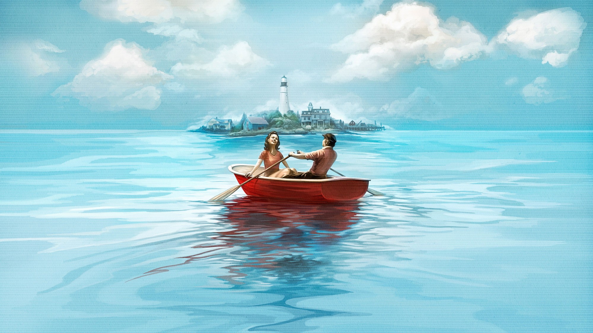 Ilustración de Widow's Bay con una pareja que rema en un bote rojo hacia una isla con un faro