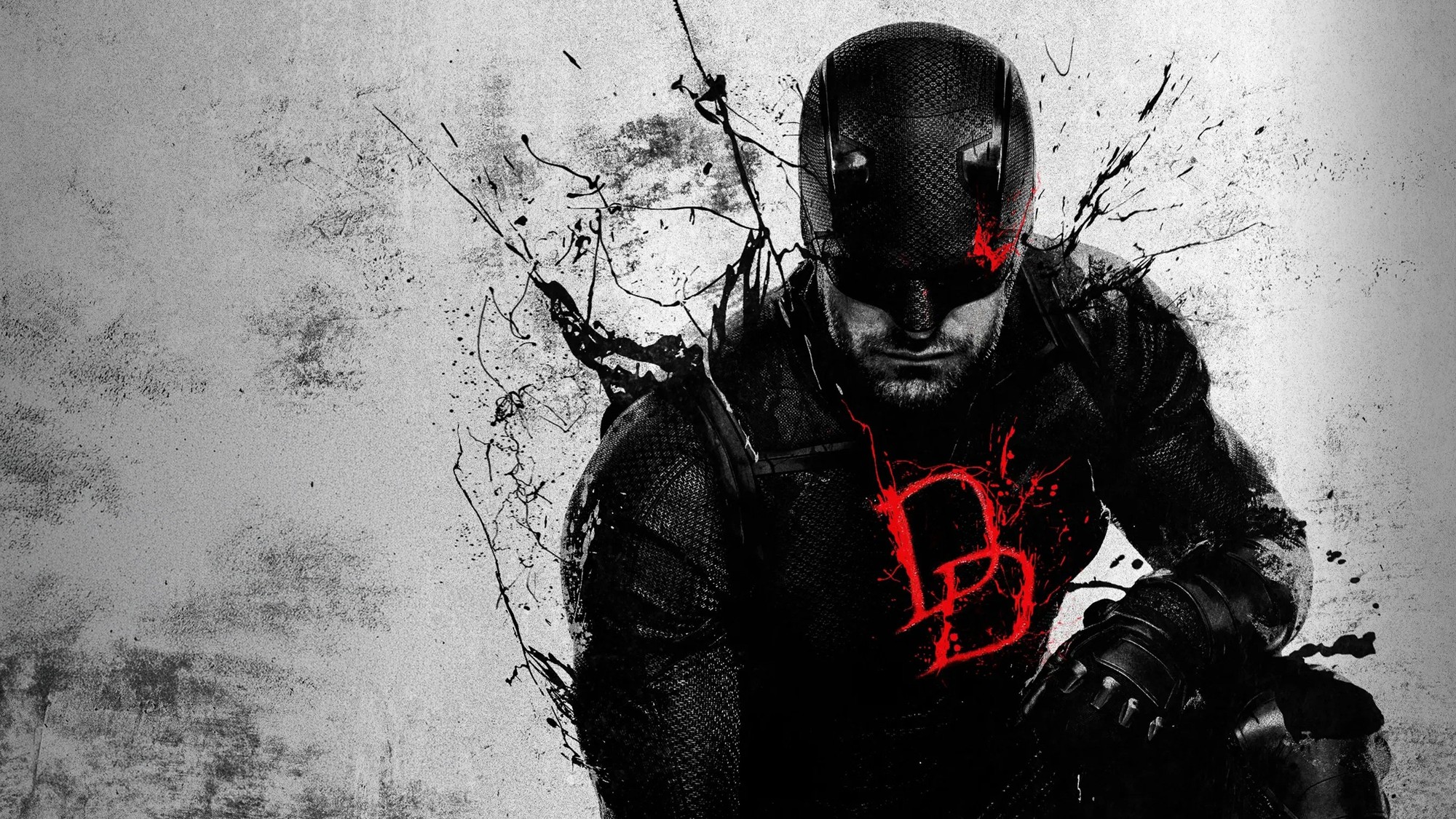 Daredevil agachado con el traje negro y el logo DD en rojo sobre un fondo gris