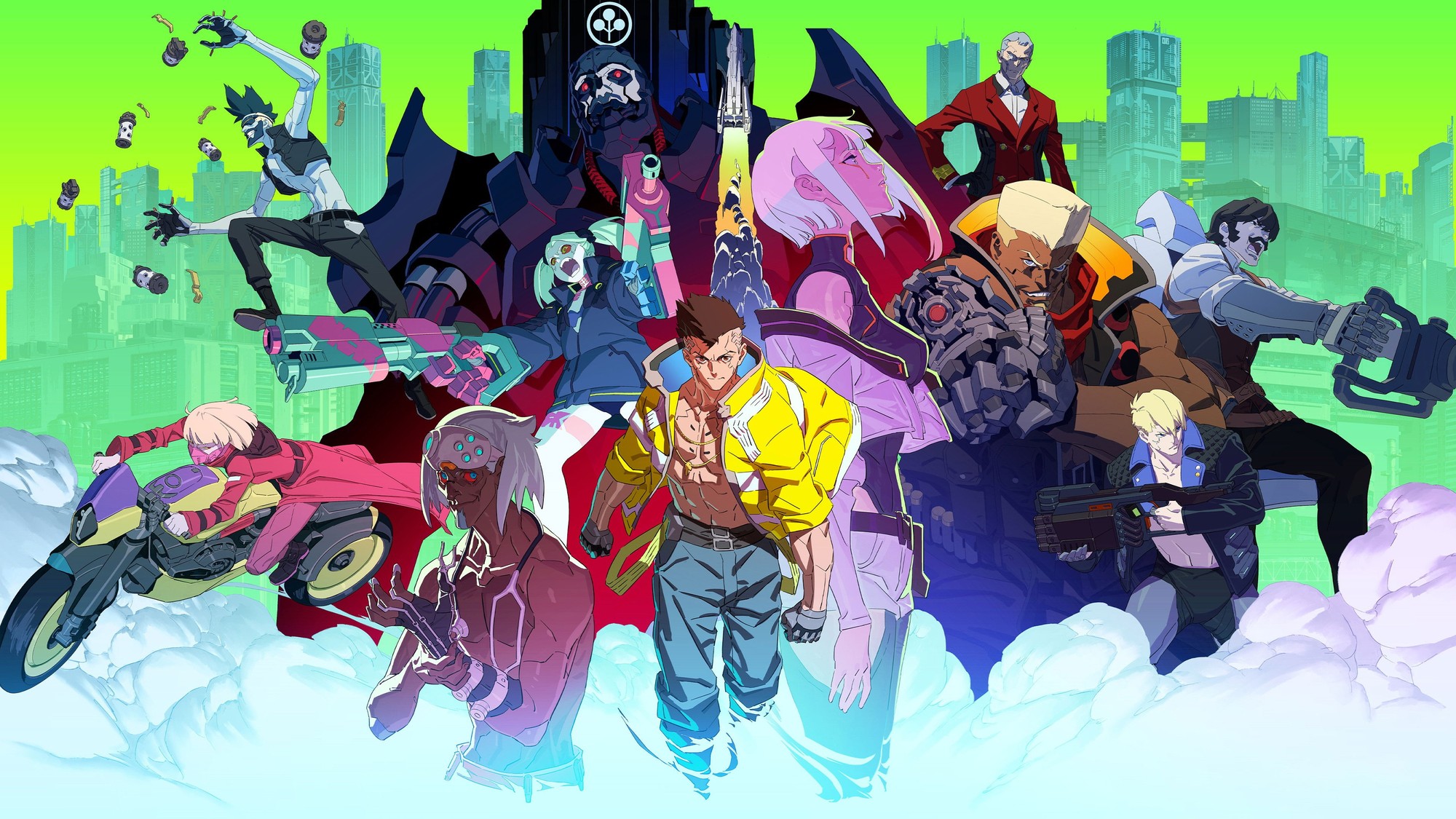 Personajes de la serie animada Cyberpunk: Edgerunners armados y en pose de combate frente a los rascacielos de Night City