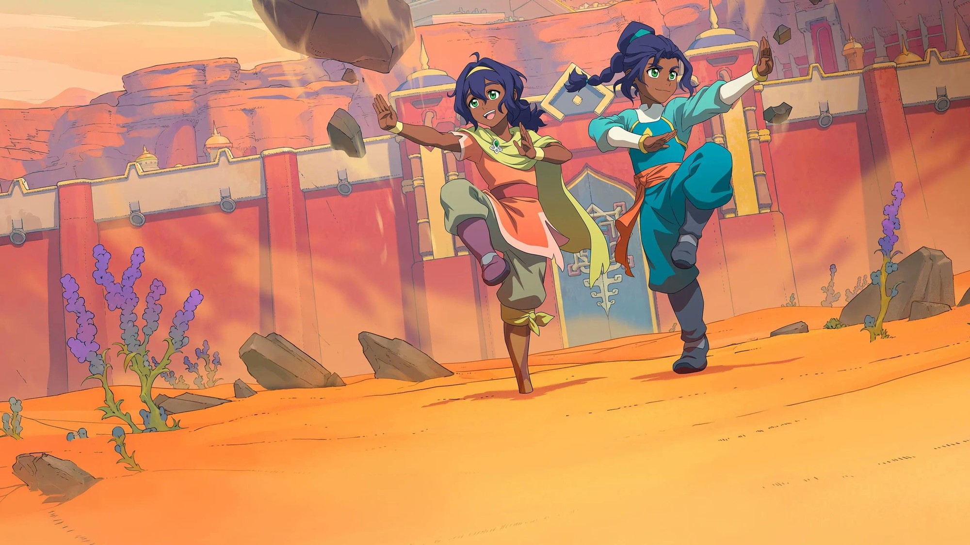 Pavi y su hermana gemela Nisha practican control de la tierra frente a una muralla roja en un desierto anaranjado en Avatar: Seven Havens
