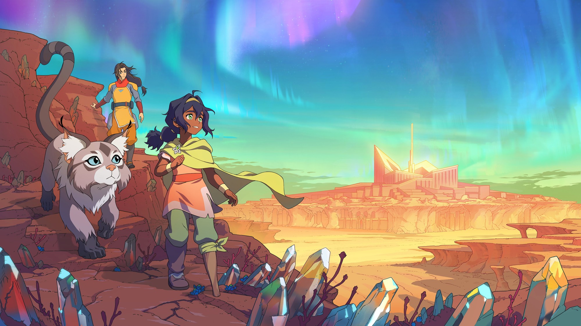 Pavi camina junto a un compañero de viaje y una enorme criatura felina bajo una aurora, con una ciudad en el desierto al fondo, en Avatar: Seven Havens