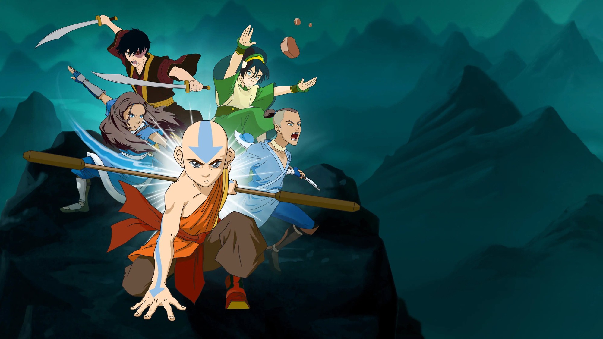 Aang, Katara, Sokka, Toph y Zuko en posición de combate sobre una montaña en Avatar: La leyenda de Aang