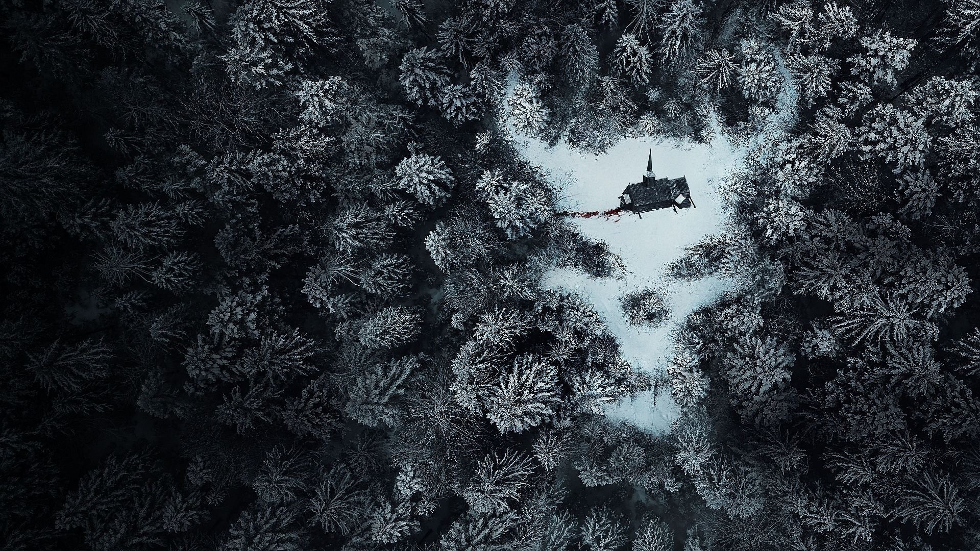 Vista aérea de una construcción de madera rodeada por un bosque nevado que dibuja un rostro, imagen de Paranormal Activity: Next of Kin