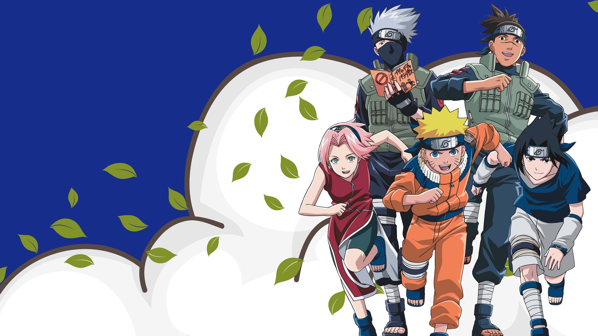 Kakashi, Iruka, Sakura, Naruto y Sasuke corren juntos en una ilustración del anime Naruto