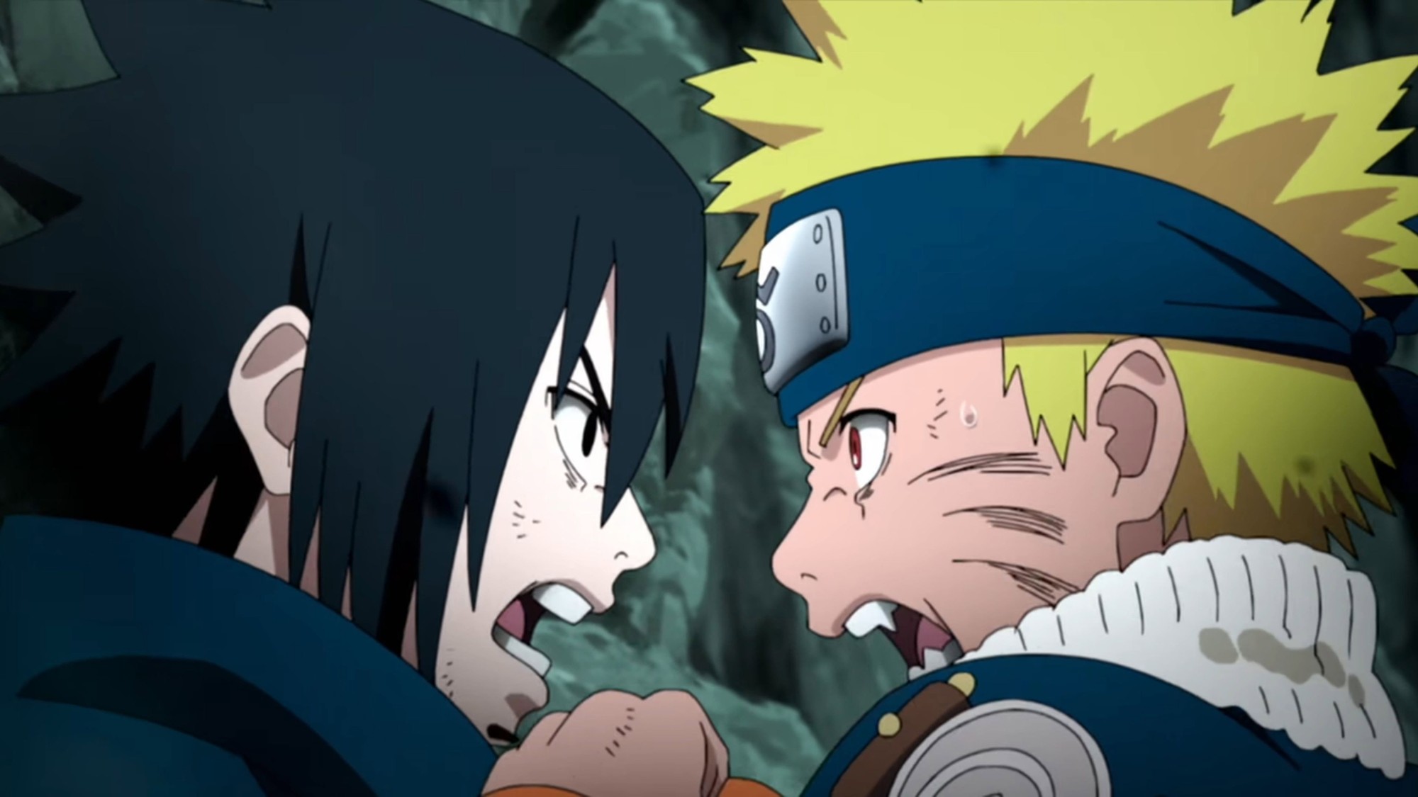 Naruto y Sasuke se miran frente a frente con gesto desafiante en una escena del anime Naruto