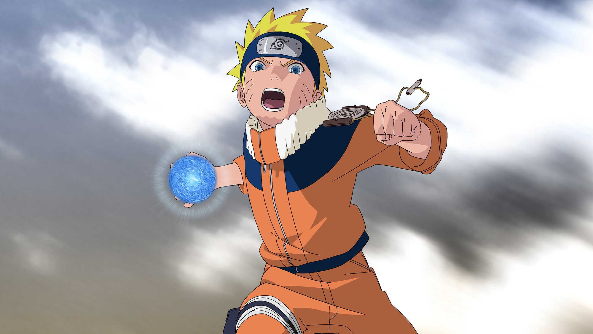 Naruto prepara un Rasengan azul con una mano mientras corre bajo un cielo nublado en el anime Naruto