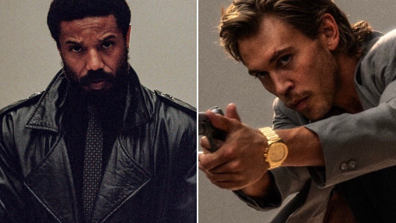 Primer vistazo oficial a Michael B. Jordan como Tubbs, con abrigo de cuero negro, y a Austin Butler como Crockett, apuntando con una pistola, en Miami Vice '85