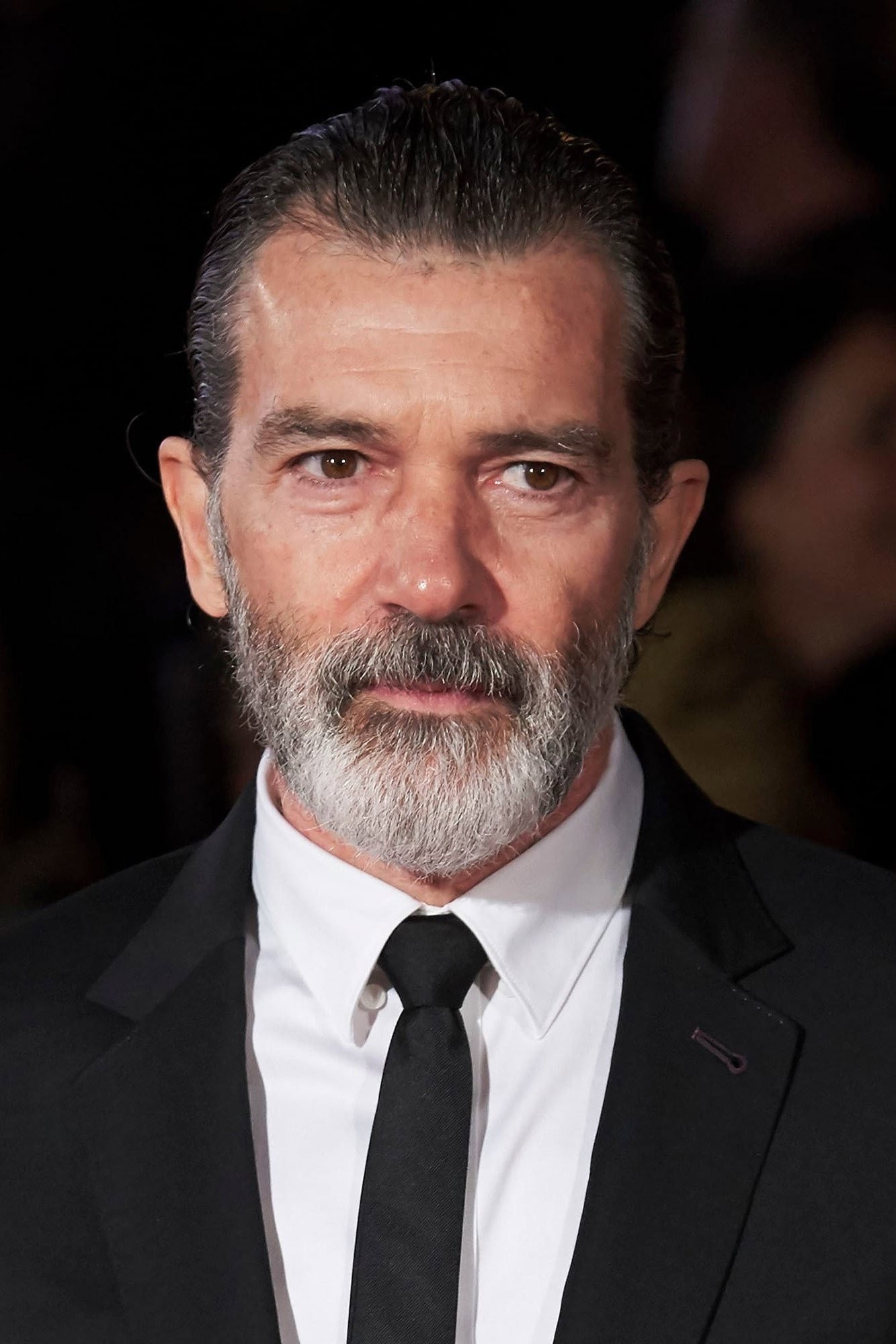 Antonio Banderas con barba canosa, traje oscuro y corbata negra en una alfombra roja