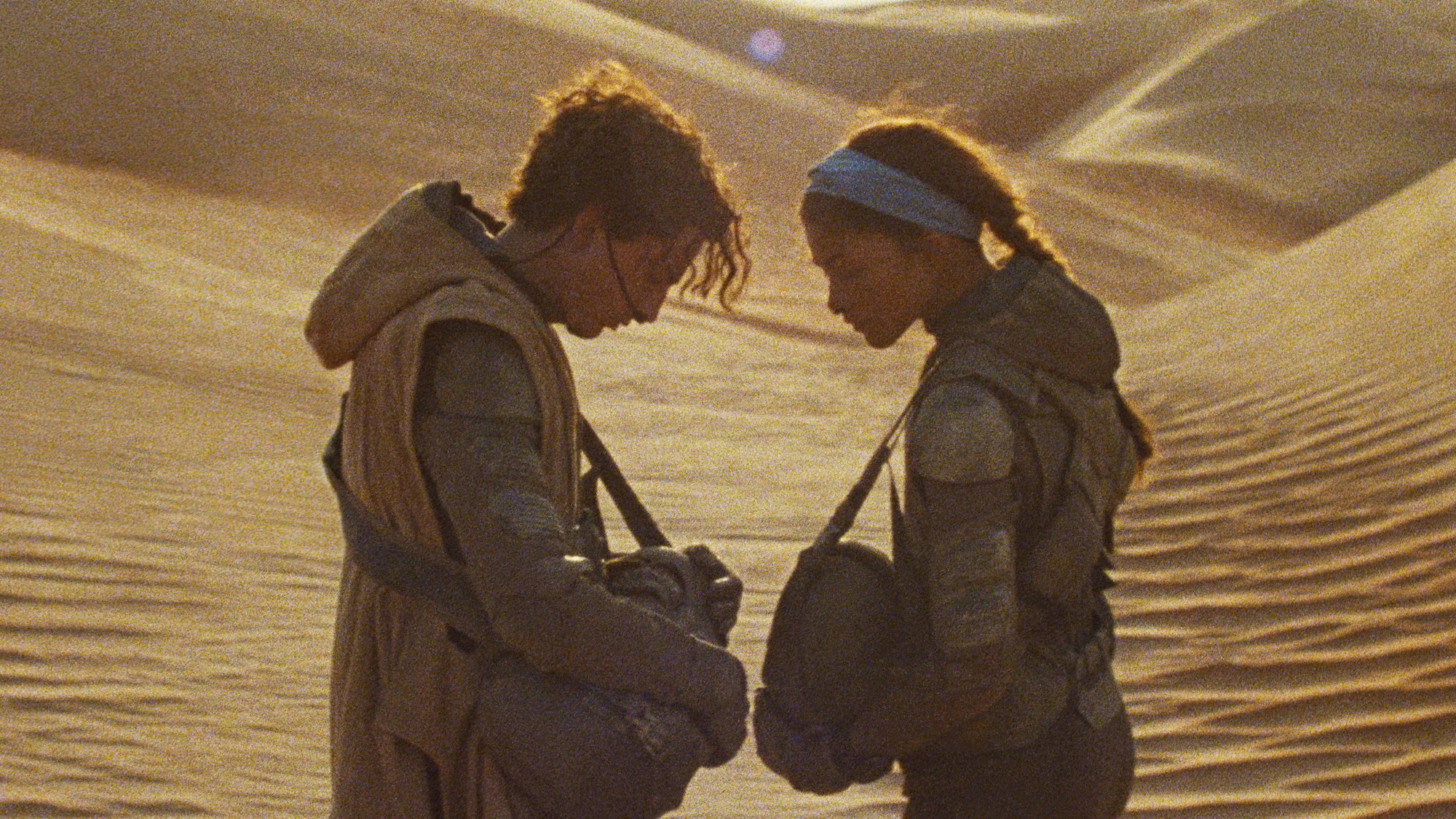 Paul Atreides y Chani frente a frente entre las dunas doradas de Arrakis en la saga Dune