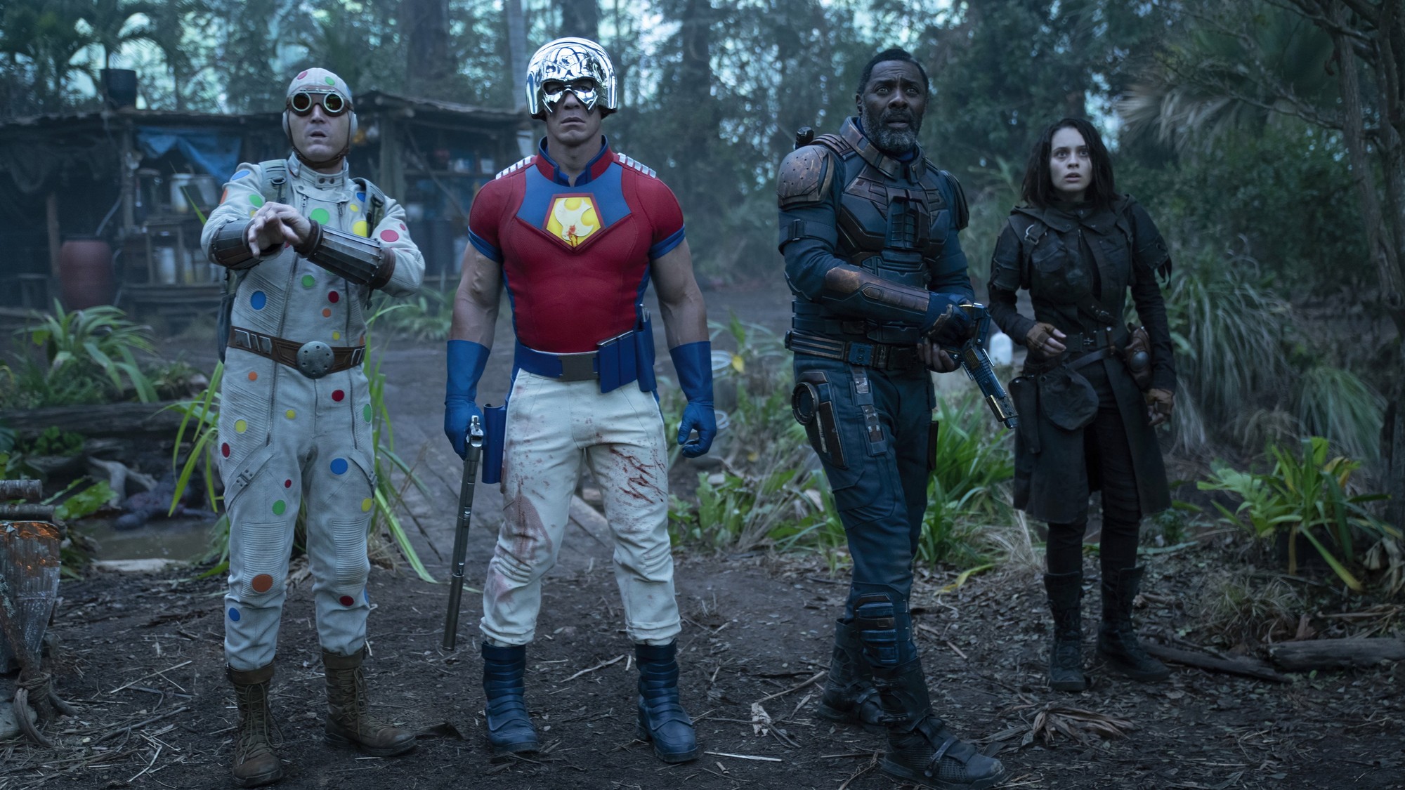 Polka-Dot Man, Peacemaker, Bloodsport y Ratcatcher 2 en la selva de Corto Maltese en The Suicide Squad